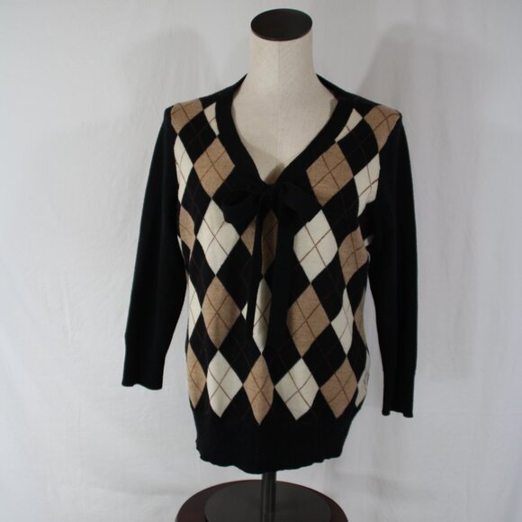TALBOTS Women's V-Neck Large Black Argyle Preppy Academic Merino Wool Sweater - Picture 2 of 9